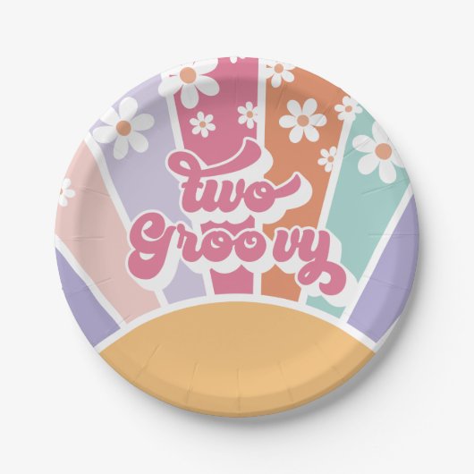 Twee Groovy Retro Sunshine Rainbow Daisy Papieren Bordje (Voorkant)