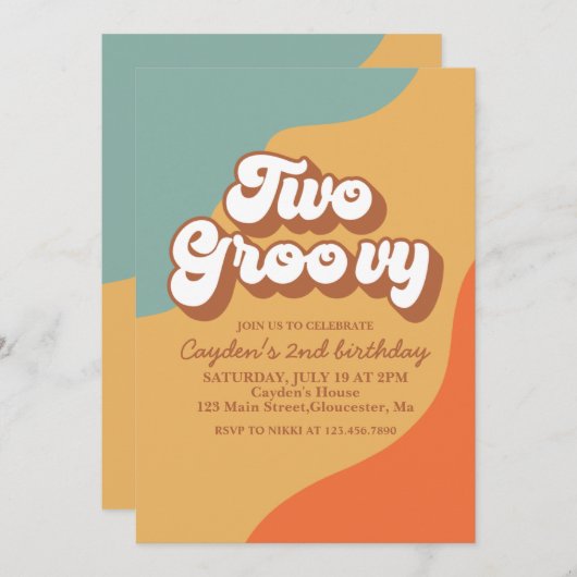 Twee Groovy Retro Swirl 2e verjaardag uitnodiging (Voorkant / Achterkant)