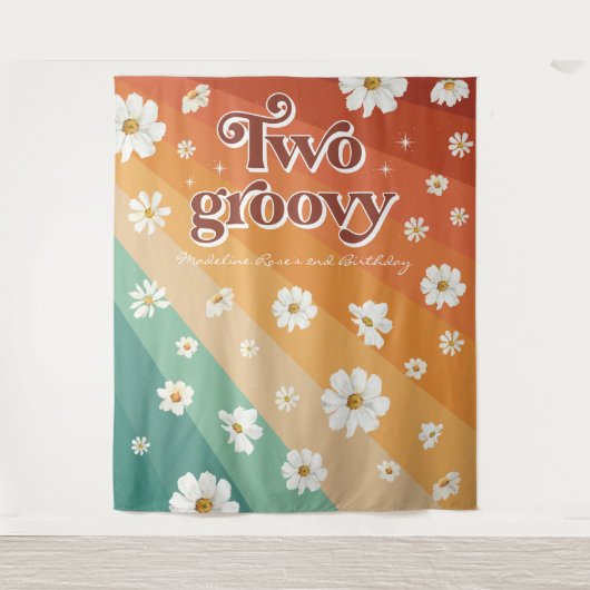 Twee Groovy Second Birthday | Retro Daisy Rainbow Wandkleed (Voorkant)