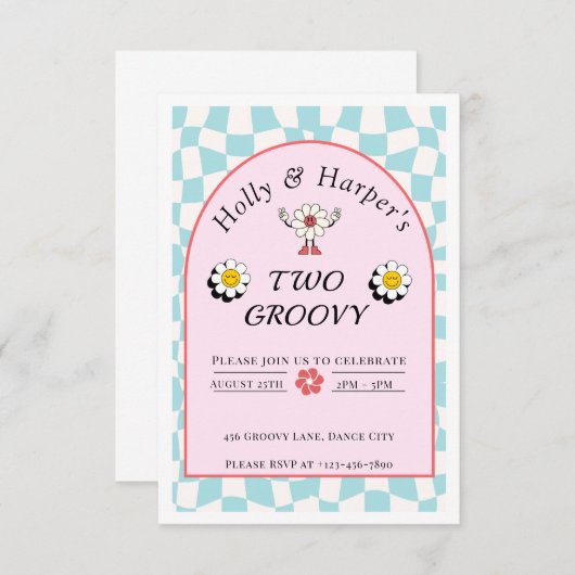 Twee Groovy Twin Girls Verjaardagsuitnodiging - Ed (Voorkant / Achterkant)