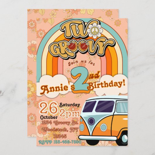 Twee groovy verjaardagsuitnodiging kaart (Voorkant / Achterkant)