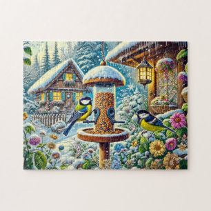 Twee grote mezen bij de voederbak in de winter legpuzzel