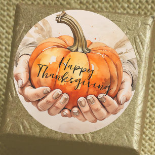 Twee handen zachtjes houden een pompoen Thanksgivi Ronde Sticker