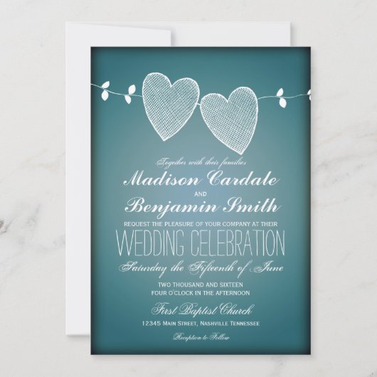 Twee harten  blauwe bruiloft uitnodigingen (Voorkant)