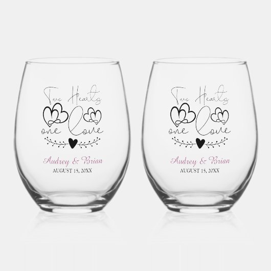 Twee harten een liefde bruiloft aandenken wijnglas zonder voet (Voorkant)