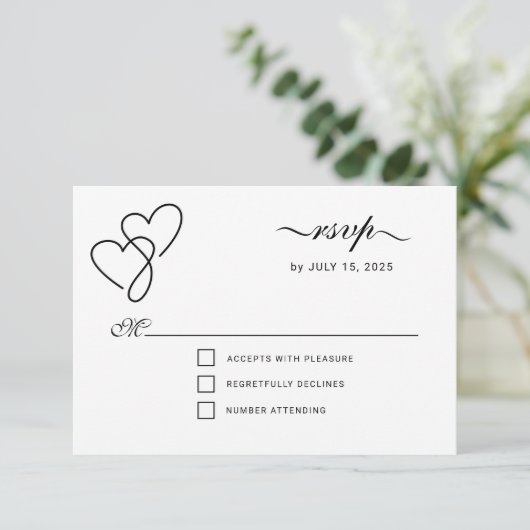 Twee harten Elegant Script RSVP (Staand voorkant)