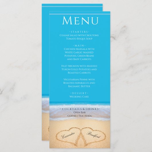 Twee harten in het menu Beach Wedding (Voorkant / Achterkant)
