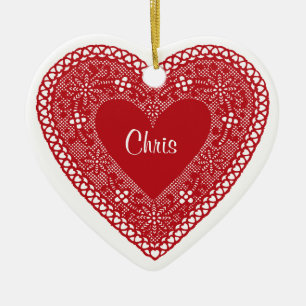 Twee harten kant keramisch ornament