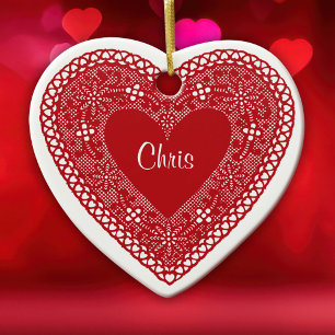 Twee harten  kant keramisch ornament