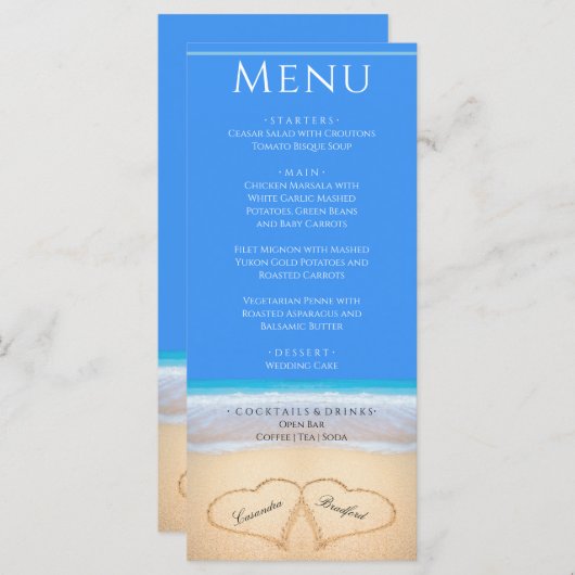 Twee harten op het Beach Wedding Bright Blue-menu Menu (Voorkant / Achterkant)