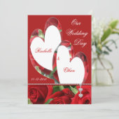 Twee harten rode rozenweddenschappen kaart (Staand voorkant)