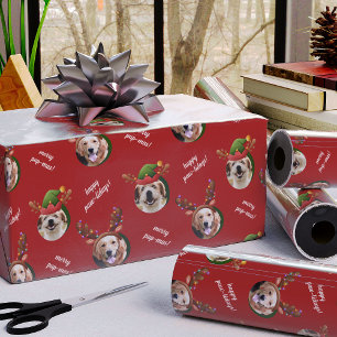 Twee Hond Foto Rendier Antler Vrolijk Kerstrood Cadeaupapier