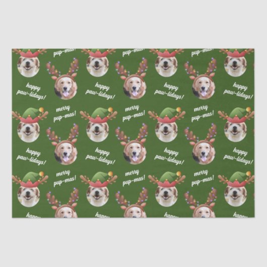 Twee Hond Foto Rendier Vrolijk Kerstgroen Tissuepapier (Voorkant)