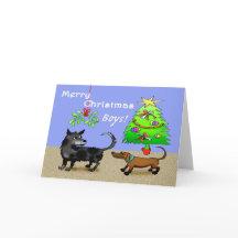 Twee honden snuffelen achterzijde, met kerstboom.