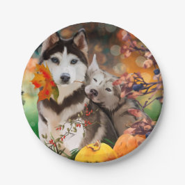 Twee husky-honden, een tuinwagen en pompoenen papieren bordje