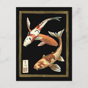 Twee Japanse Koi Goldfish op zwarte achtergrond Briefkaart