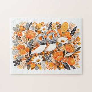 Twee Javaanse mussen Oranje Zwart Beige Bloem Illu Legpuzzel