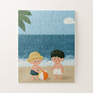 Twee jongens die strandbal spelen bij de oceaan legpuzzel