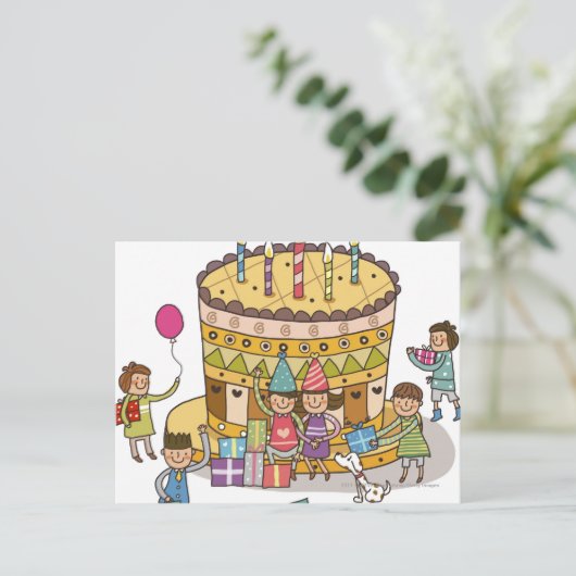 Twee jongens en drie meisjes op een feestje briefkaart (Staand voorkant)