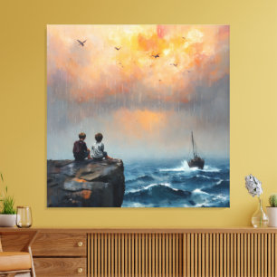 Twee jongens kijken naar een boot in het Zee Canvas Afdruk