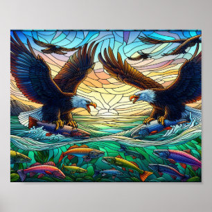 Twee kale adelaars vangen vis over water 10x8 poster