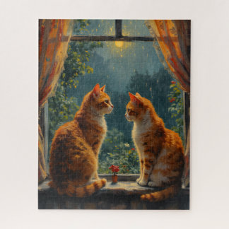 Twee kaneelkatten zitten voor een raam legpuzzel