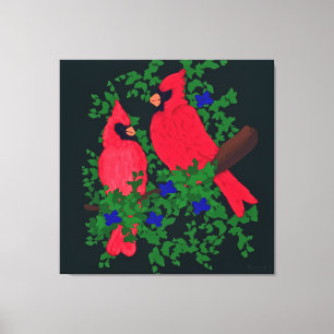 Twee kardinalen op een tak canvas afdruk