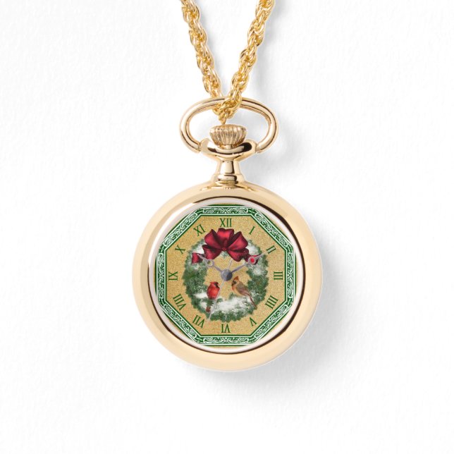 Twee kardinalen ~ Snowy kerstmis met ~ Red Bow Horloge (Voorkant)