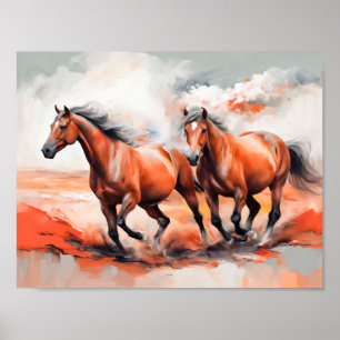 Twee kastanjepaarden die door rood zand rennen poster