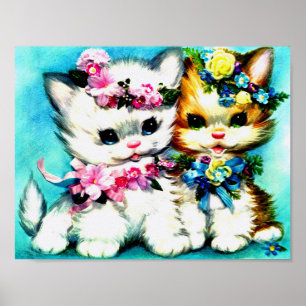 twee katjes en heel veel bloemen poster