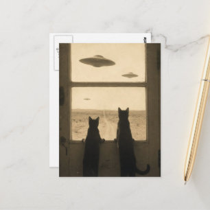 Twee katten bij de deur en UFO's Briefkaart