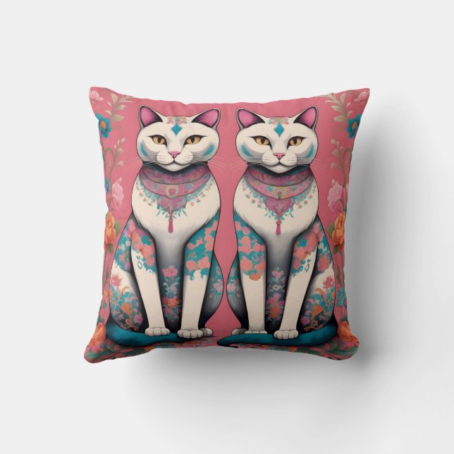 Twee katten en bloemen illustratie kussen (Achterkant)