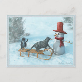 Twee katten en een Snowman-Briefkaart Feestdagenkaart