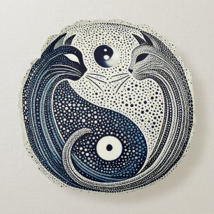 Twee katten in een gestippelde Yin Yang-ontwerp Rond Kussen