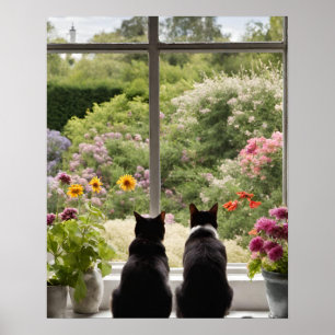Twee katten kijken uit het raam muur kunst poster