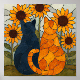 Twee katten met zonnebloemen glas-in-lood patroon poster
