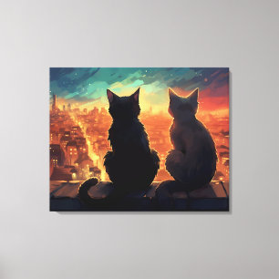 Twee katten op het dak met uitzicht op de stad 's  canvas afdruk