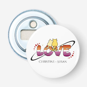Twee Katten Verliefd Zonsondergang Lesbische Vlag Button Flesopener
