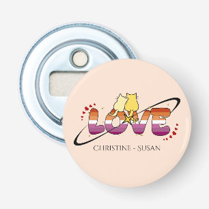 Twee Katten Verliefd Zonsondergang Lesbische Vlag Button Flesopener