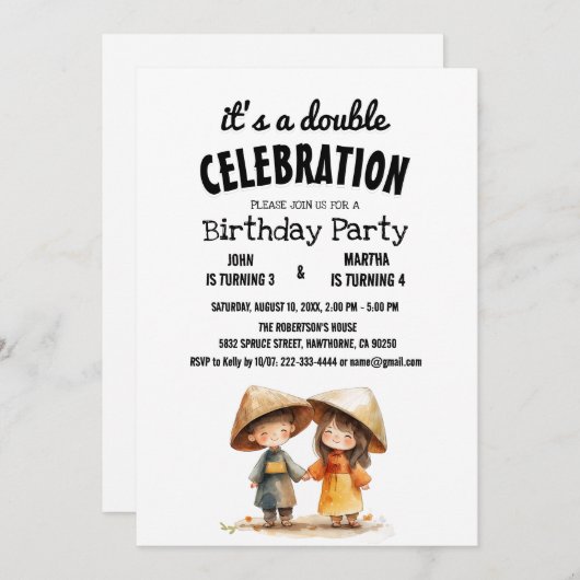 Twee Kinder Oosterse Oost-Azië Dubbele Verjaardag Kaart (Voorkant / Achterkant)