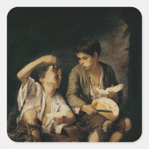 Twee kinderen die een meloen en druiven eten, 1645 vierkante sticker