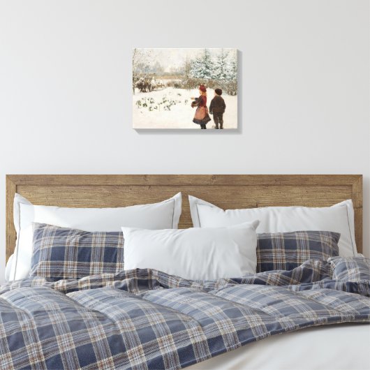 Twee kinderen die vogels voeden in de sneeuw canvas afdruk (Insitu (Slaapkamer))