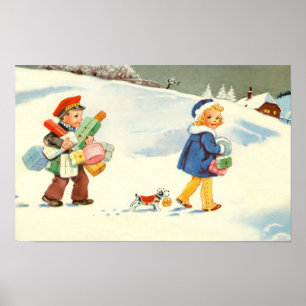Twee kinderen en een hond in de sneeuw poster