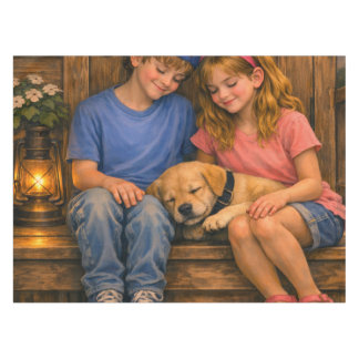 Twee kinderen met slapende puppy rustieke tafelkle tafelkleed