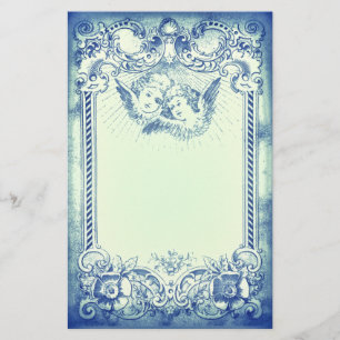 Twee kleine kerstangels met blauwe grens briefpapier