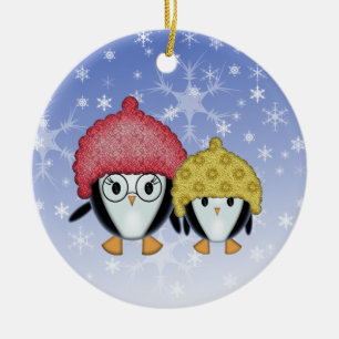 Twee kleine pinguïns kerstversiering keramisch ornament