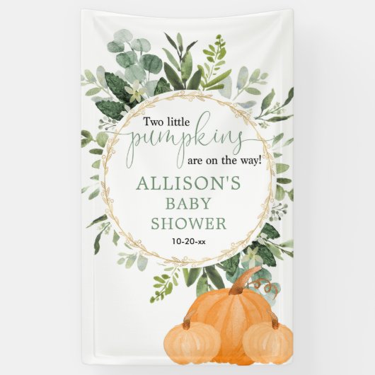 Twee kleine pompoenen met baby shower achtergrond spandoek (Verticaal)