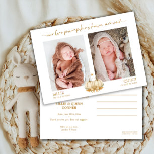 Twee Kleine Pompoenen Tweeling Baby Foto Aankondig Aankondiging