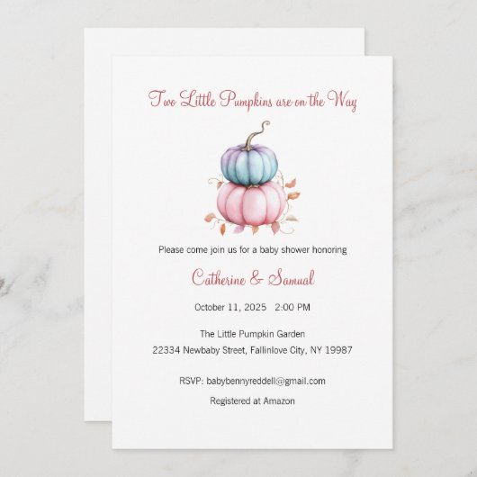 Twee kleine pompoenen zijn onderweg, Baby Kaart (Voorkant / Achterkant)