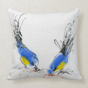 Twee kleine titmouses die graan pikken. Calligrafi Kussen